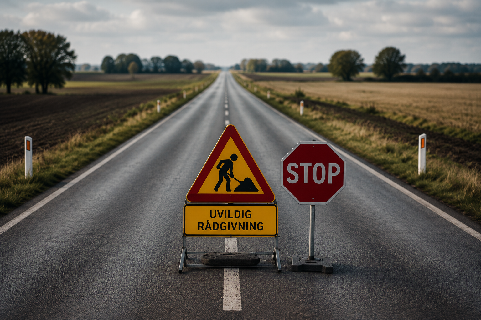 Vejskilte med 'Uvildig rådgivning' og 'STOP' midt på en landevej — symbol på at standse op og få en second opinion, før samarbejdet fortsætter på autopilot.